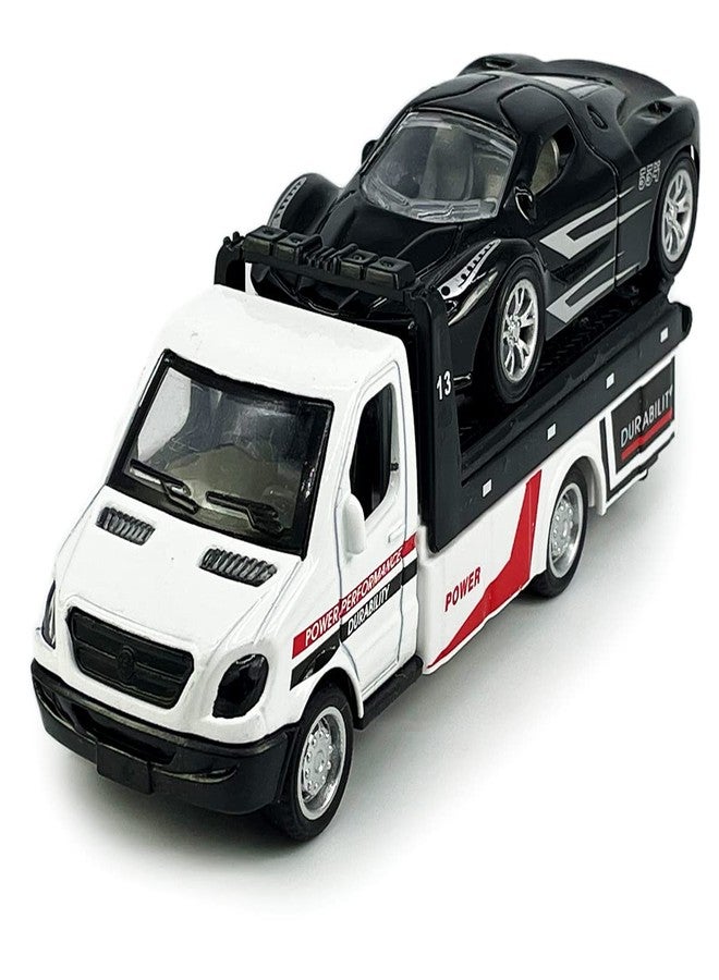 Metanyl Flatbed Truck Toy Rescue Tow Truck Transport Trailer Car Carrier Metal Diecast Pull Back Vehicles 2 in 1 Vehicle Playset Toy Trucks for Boys Kids Toddlers Birthday Gifts for Age 3 4 5 6, White - Image 2